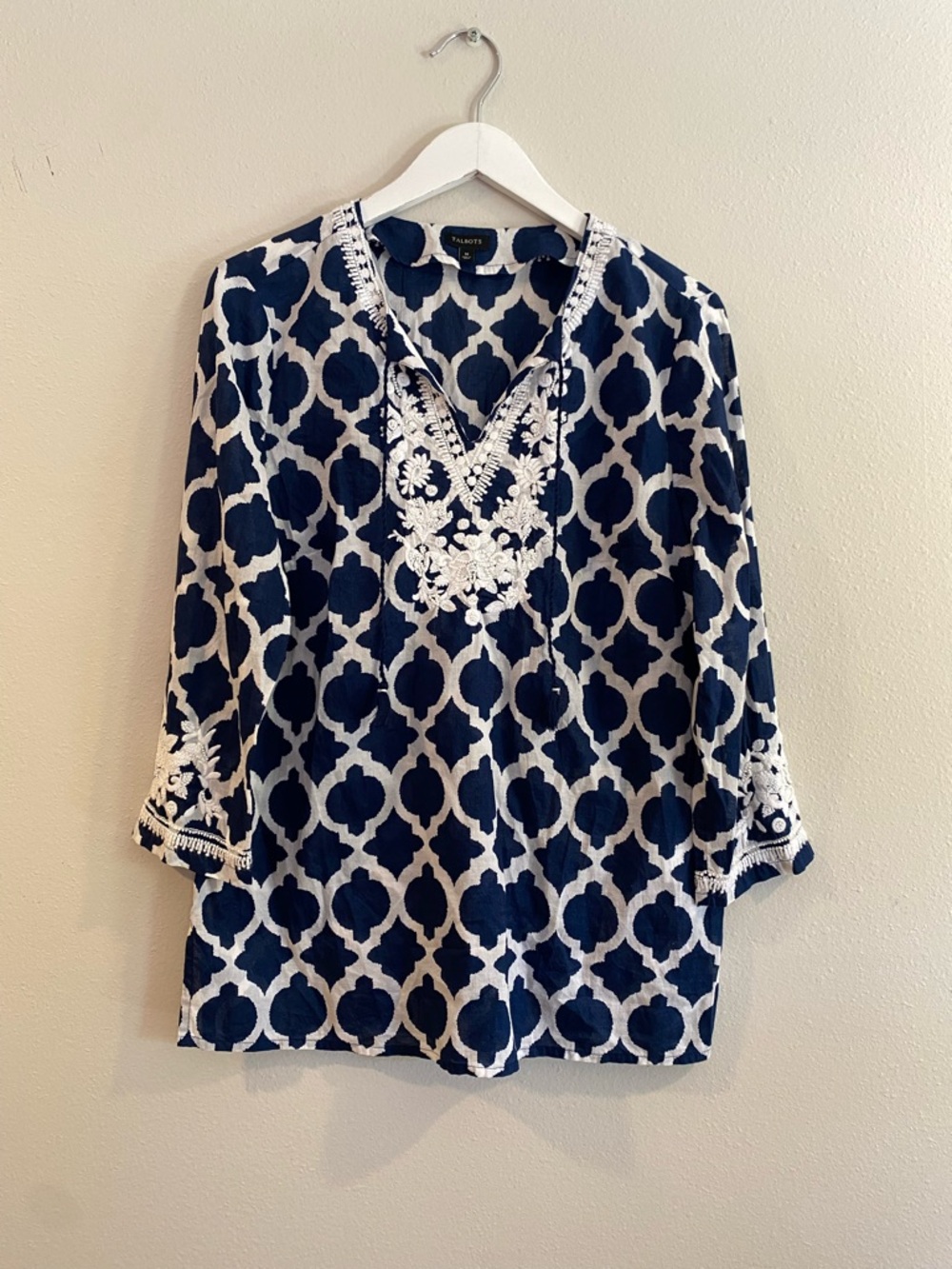 Talbots Navy White Lattice Embroidered Tunic Cotton Boho Peasant Top Size Medium - Picture 3 of 10